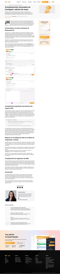Consulte las actualizaciones de LiveAgent para mayo de 2024. Lea sobre el nuevo AI Answer Assistant, los cambios en los registros SPF, las mejoras del editor y lo último sobre las migraciones de AWS.