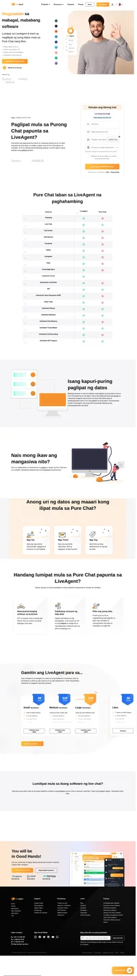 Lumilipat ka ba mula sa Pure Chat papunta sa LiveAgent? Ang aming mga tagasuportang ahente at pangkat na teknikal ay masayang tutulong sa iyo na ilipat ang lahat ng iyong datos na mabilis at ligtas. Ang lahat ay walang bayad. Makipag-ugnayan sa amin ngayon upang talakayin ang paglipat ng datos.