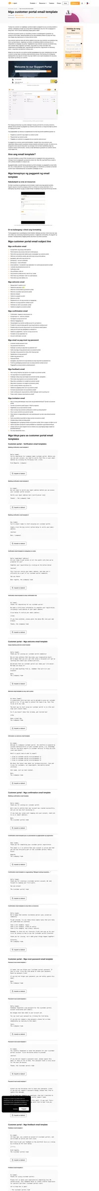 Gamitin ang aming customer email templates para mag-imbita ng users na sumali sa inyong customer portal, mag-reset ng kanilang password, magbigay ng feedback, at marami pa.