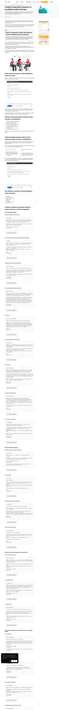 Predlošci popratnih emailova za kandidate poslije intervjua spremni za korištenje. Popunite vlastitim informacijama i pokažite profesionalan pristup pri odbijanju ili zapošljavanju kandidata.