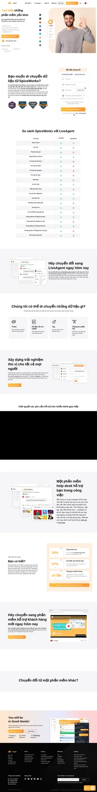 Hãy chuyển đổi miễn phí từ SpiceWorks sang LiveAgent ngay hôm nay. Chúng tôi có thể di chuyển tất cả các ticket của bạn, thông tin danh bạ, hồ sơ nhân viên, nội dung phản hồi, và nhiều hơn nữa.